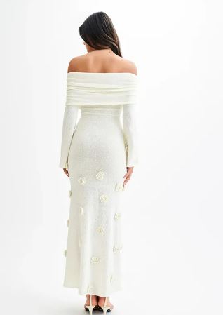 Off Shoulder Knit Rose Maxi Dress